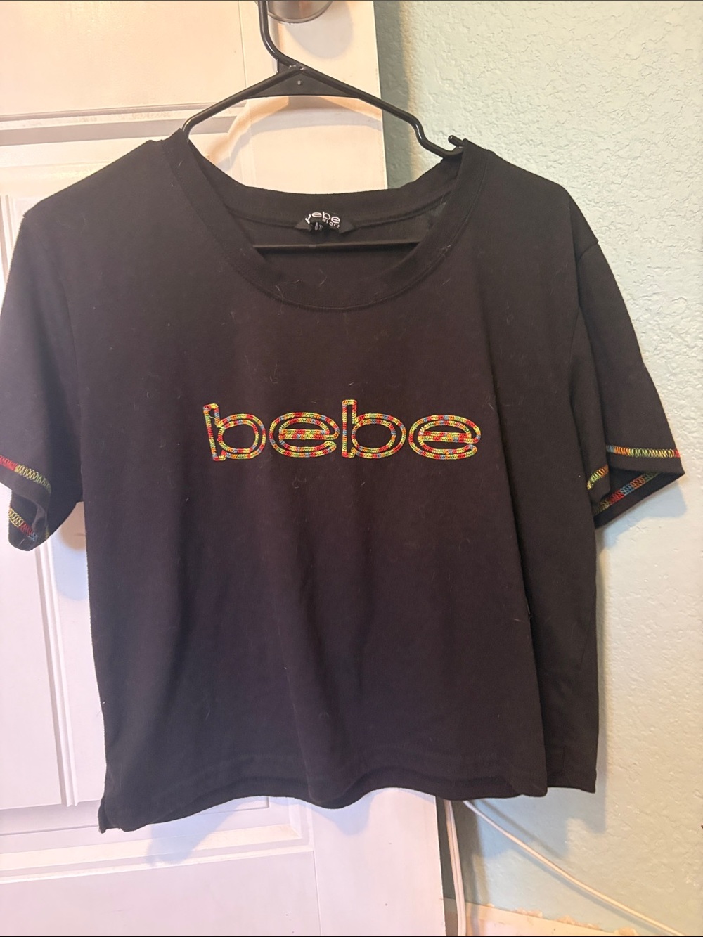 bebe Black Short Sleeve Logo Tee with Multicolor Trim